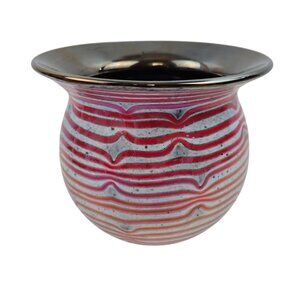 Studio Art Glass Vase Red Ribbon Stripe Black interior Hand Blown Contemporary